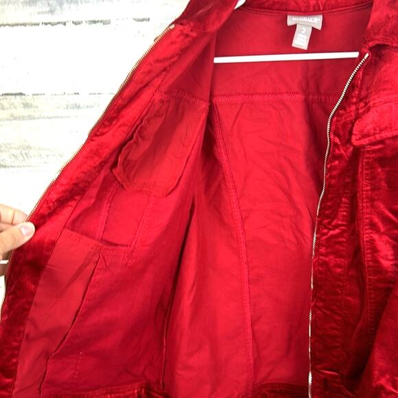 Chico’s Women’s M Red Cotton Velvet Long Sleeve Button Front Holiday Jacket Coat - Picture 8 of 8